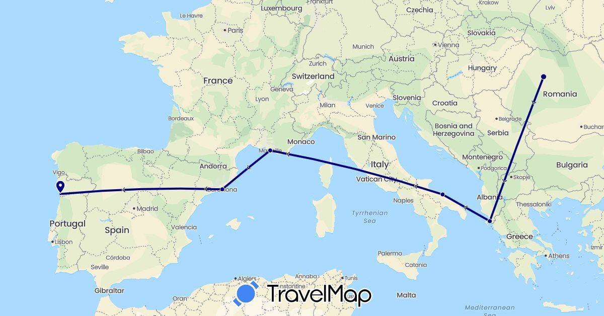 TravelMap itinerary: driving in Albania, Spain, France, Italy, Portugal, Romania (Europe)
